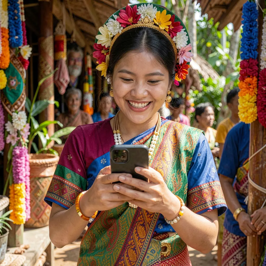Beautiful Filipino woman in traditional attire smiling while using the CRABJL casino app on her smartphone in a colorful cultural setting