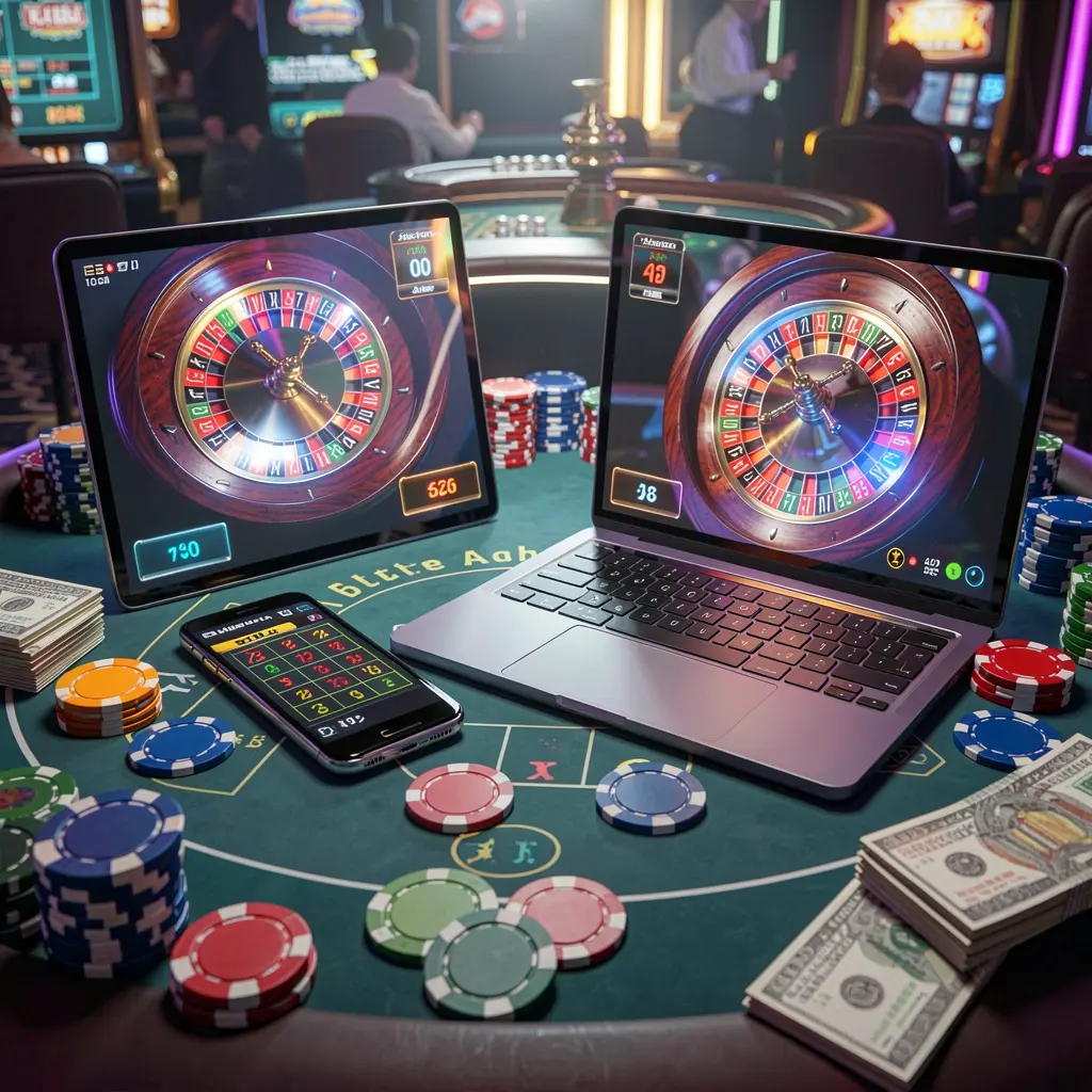 Futuristic casino scene with a glowing roulette wheel displayed on both smartphone and laptop screens surrounded by chips showcasing CRABJL online gaming in the Philippines